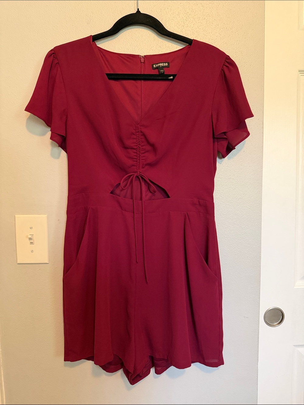 Express Women's Berry Tie-Front Romper with Flutter Sleeves